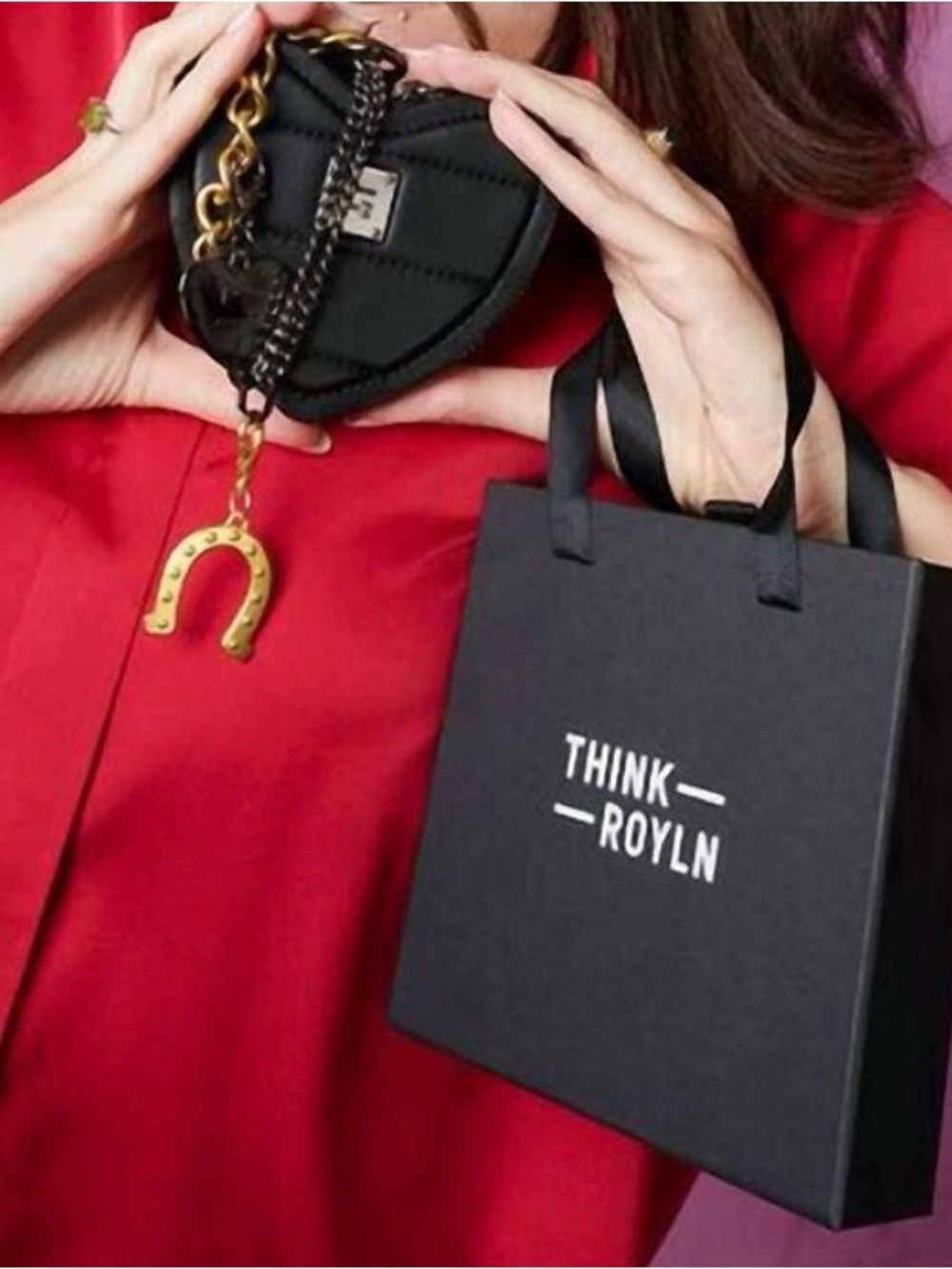 NEW THINK ROYLN Black Quilted Heart Mini Bag with Gold Horseshoe Charm